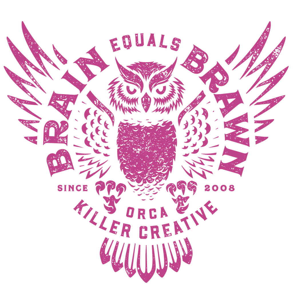 An illustration of an owl with its wings spreadd and the words 'Brains equals Brawnl'