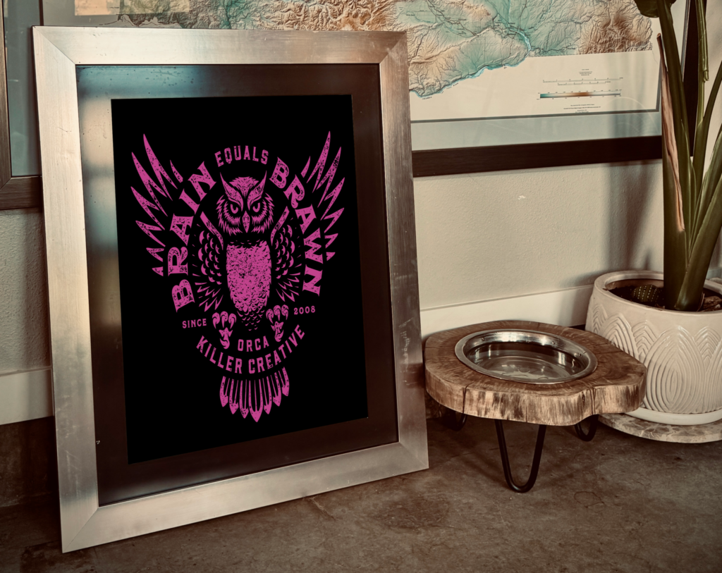 illustration of an owl with the words brain equals brawn, Orca Killer Creattive since 2008