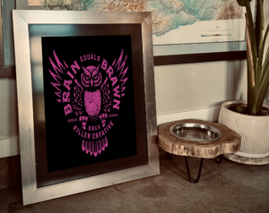 illustration of an owl with the words brain equals brawn, Orca Killer Creattive since 2008